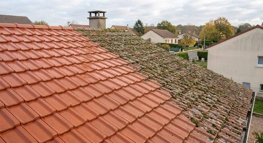 Toiture en tuiles à moitié traitée : côté démoussé propre, côté non traité couvert de mousse