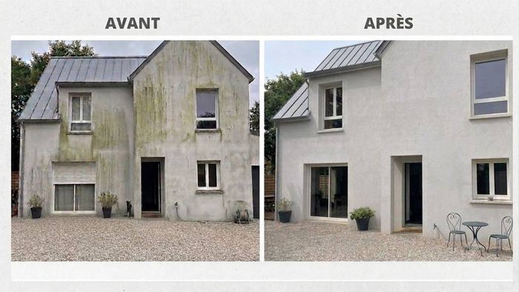 Façade avant et après nettoyage par drone, traces vertes disparues