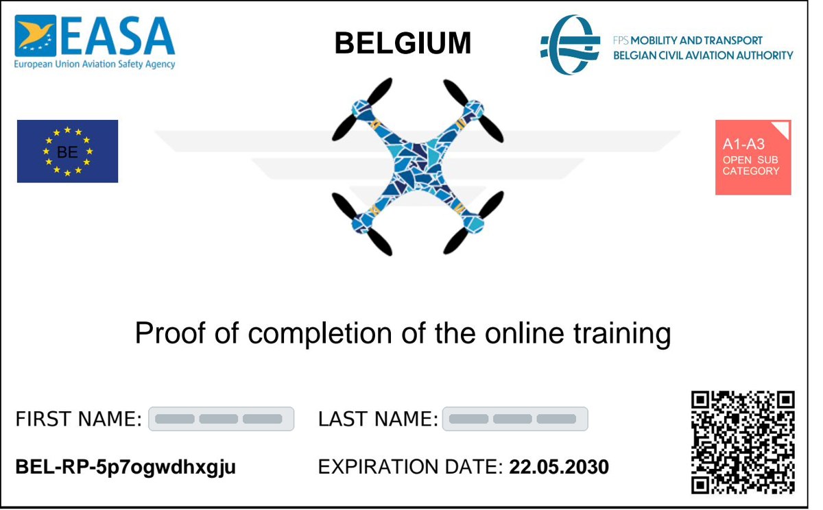 Attestation de formation A1/A3 délivrée par l'autorité belge de l'aviation civile, nom masqué